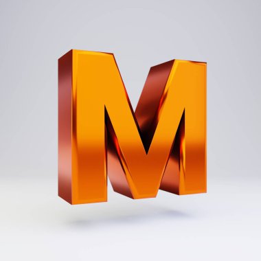 3d harfi M büyük harf. Parlak yansımaları ve beyaz arka plan üzerinde izole gölge ile sıcak turuncu metalik yazı tipi.