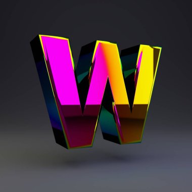 Holografik 3d w harfi büyük harf. Siyah arka plan da yalıtılmış çok renkli yansımaları ve gölgesi olan parlak yazı tipi.