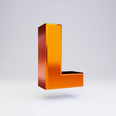 3d l harfi büyük harf. Parlak yansımaları ve beyaz arka plan üzerinde izole gölge ile sıcak turuncu metalik yazı tipi.