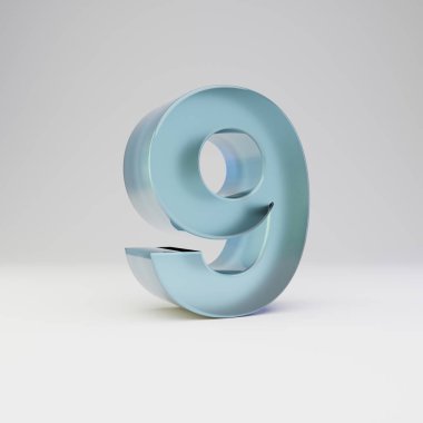 Buz 3d sayısı 9. Parlak yansımaları ve beyaz arka plan üzerinde izole gölge ile şeffaf buz yazı tipi.