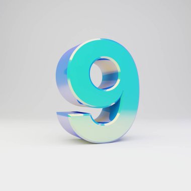 Gökyüzü mavisi 3d numara 9. Parlak yansımaları ve beyaz arka plan üzerinde izole gölge ile metal yazı tipi.