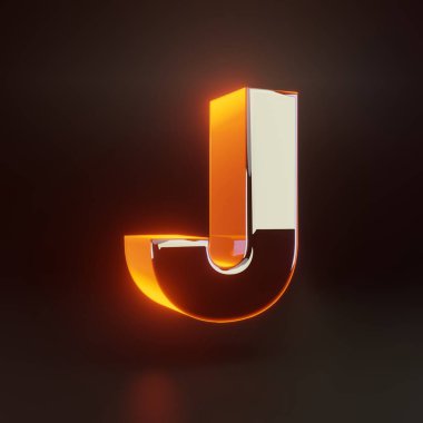 3d harfi J büyük harf. Siyah arka plan üzerinde izole turuncu ışıklar ile parlayan parlak metalik yazı tipi.