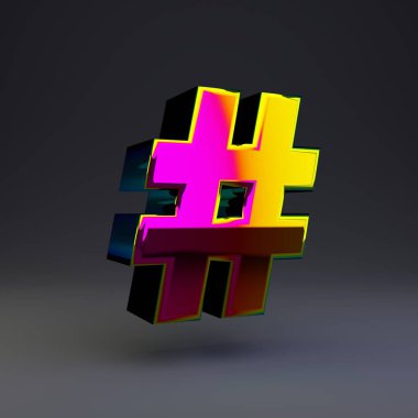 Holografik 3d hashtag sembolü. Siyah arka plan da yalıtılmış çok renkli yansımaları ve gölgesi olan parlak yazı tipi.