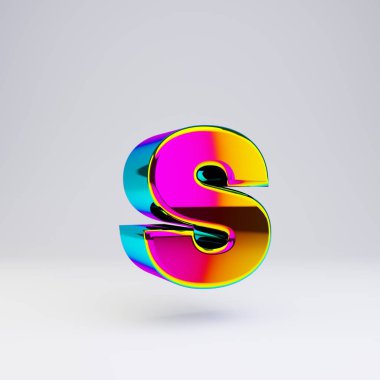 Holografik 3d harf S küçük harf. Çok renkli yansımaları ve beyaz arka planda izole gölge ile parlak yazı tipi.