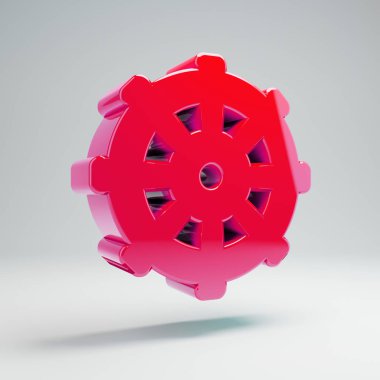 Beyaz arka plan üzerinde izole hacimsel parlak sıcak pembe Dharmachakra simgesi.