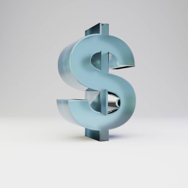 Buz 3d dolar sembolü. Parlak yansımaları ve beyaz arka plan üzerinde izole gölge ile şeffaf buz yazı tipi.
