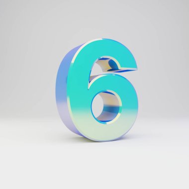 Gökyüzü mavisi 3d sayı 6. Parlak yansımaları ve beyaz arka plan üzerinde izole gölge ile metal yazı tipi.