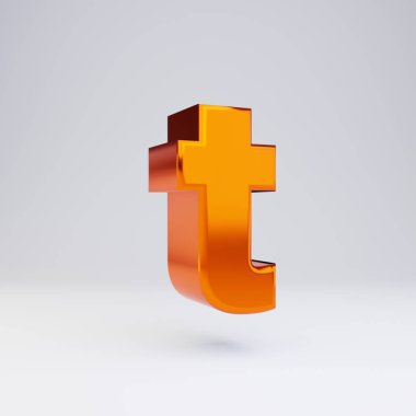 3d harf T küçük harf. Parlak yansımaları ve beyaz arka plan üzerinde izole gölge ile sıcak turuncu metalik yazı tipi.
