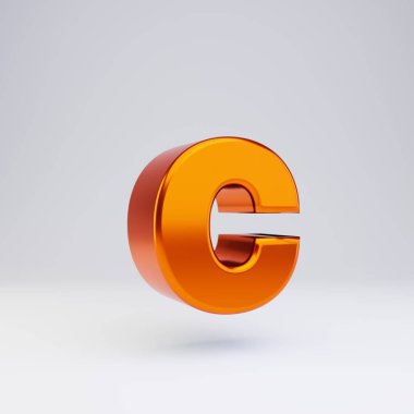 3d harfi C küçük harf. Parlak yansımaları ve beyaz arka plan üzerinde izole gölge ile sıcak turuncu metalik yazı tipi.