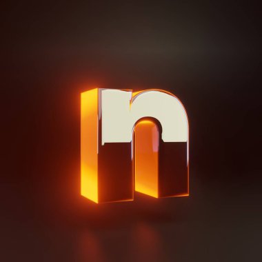 3d harfi N küçük harf. Siyah arka plan üzerinde izole turuncu ışıklar ile parlayan parlak metalik yazı tipi.