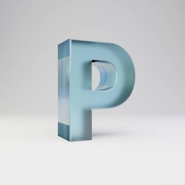 Buz 3d harf P büyük harf. Parlak yansımaları ve beyaz arka plan üzerinde izole gölge ile şeffaf buz yazı tipi.