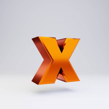 3d harf X küçük harf. Parlak yansımaları ve beyaz arka plan üzerinde izole gölge ile sıcak turuncu metalik yazı tipi.