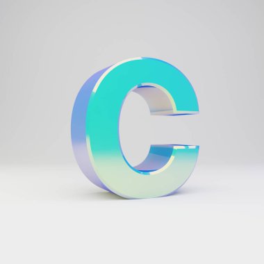 Gökyüzü mavisi 3d harf C büyük harf. Parlak yansımaları ve beyaz arka plan üzerinde izole gölge ile metal yazı tipi.