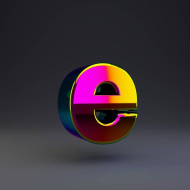 Holografik 3d e harfi küçük harf. Siyah arka plan da yalıtılmış çok renkli yansımaları ve gölgesi olan parlak yazı tipi.