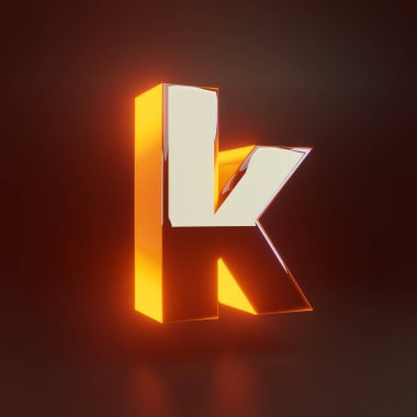 3d harf K küçük harf. Siyah arka plan üzerinde izole turuncu ışıklar ile parlayan parlak metalik yazı tipi.