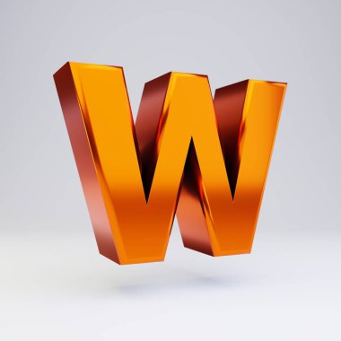 3d w harfi büyük harf. Parlak yansımaları ve beyaz arka plan üzerinde izole gölge ile sıcak turuncu metalik yazı tipi.