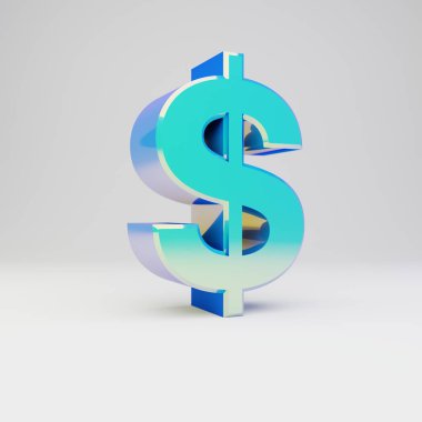 Gökyüzü mavisi 3d dolar sembolü. Parlak yansımaları ve beyaz arka plan üzerinde izole gölge ile metal yazı tipi.
