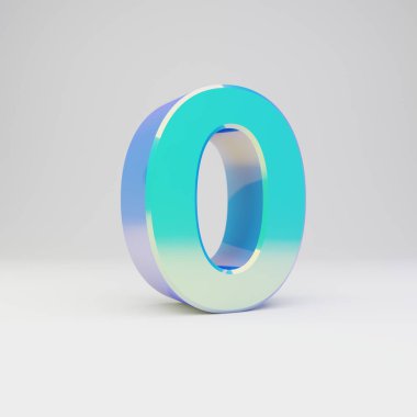 Gökyüzü mavisi 3d sayı 0. Parlak yansımaları ve beyaz arka plan üzerinde izole gölge ile metal yazı tipi.