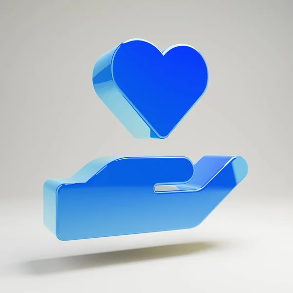Volumetric azul brilhante mão segurando ícone coração isolado no fundo branco . — Fotografia de Stock