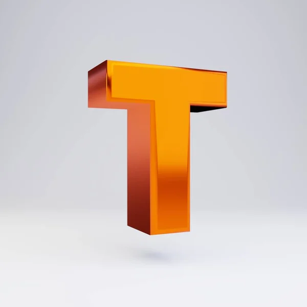 3d Buchstabe t Großbuchstaben. Heiße orange metallische Schrift mit glänzenden Reflexen und Schatten auf weißem Hintergrund. — Stockfoto