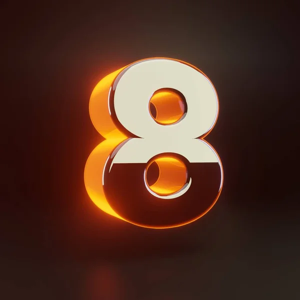 3d number 8. Glowing glossy metallic font with orange lights isolated on black background. — Stock Photo, Image