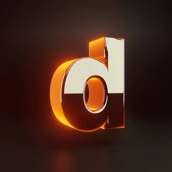 3d letra D minúscula. Fonte metálica brilhante com luzes laranja isoladas no fundo preto . — Fotografia de Stock