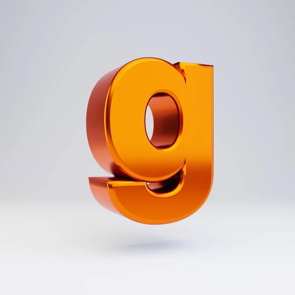 3d Buchstabe g klein geschrieben. Heiße orange metallische Schrift mit glänzenden Reflexen und Schatten auf weißem Hintergrund. — Stockfoto