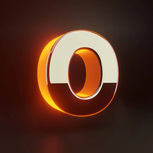 3D літери O верхній регістр. Сяючий глянсовий металевий шрифт з помаранчевими вогнями ізольований на чорному фоні . — стокове фото