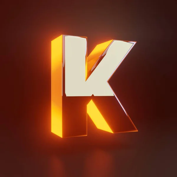 3D letter K hoofdletters. Gloeiend glanzend metallic lettertype met oranje lampjes geïsoleerd op zwarte achtergrond. — Stockfoto