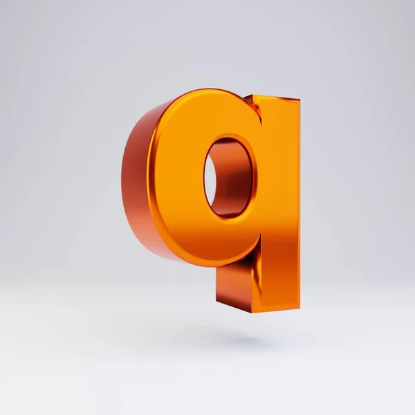 ตัวอักษร 3 มิติ Q ตัวเล็ก แบบอักษรโลหะสีส้มร้อนที่มีการสะท้อนแสงและเงาแยกกันบนพื้นหลังสีขาว . — ภาพถ่ายสต็อก