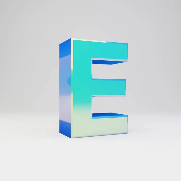Hemelsblauw 3D letter E hoofdletters. Metalen lettertype met glanzende reflecties en schaduw geïsoleerd op witte achtergrond. — Stockfoto