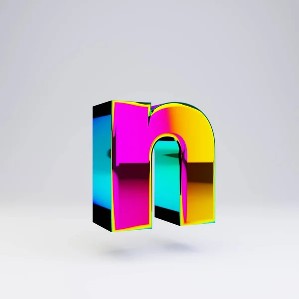 Holografische 3D letter N kleine letters. Glanzend lettertype met multicolor reflecties en schaduw geïsoleerd op witte achtergrond. — Stockfoto