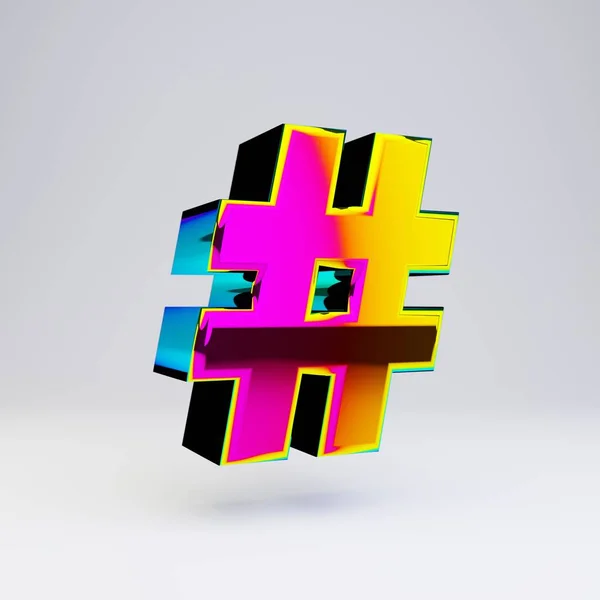 Holographique 3d hashtag symbole. Police brillante avec reflets multicolores et ombre isolée sur fond blanc . — Photo