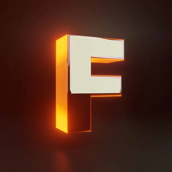 3d letter F uppercase. Glowing glossy metallic font with orange lights isolated on black background. — Stock Photo, Image