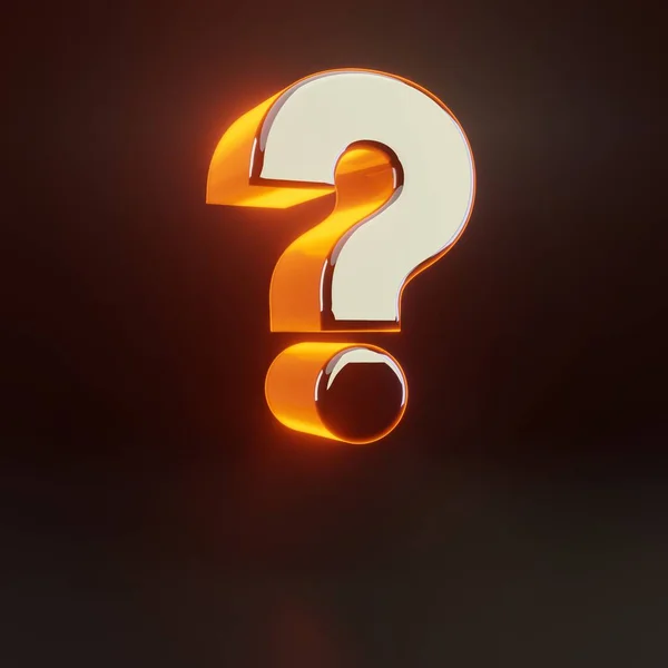 3d question symbol. Glowing glossy metallic font with orange lights isolated on black background. — Stock Photo, Image