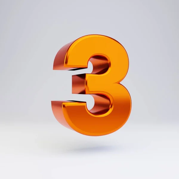 3d numéro 3. Fonte métallique orange chaud avec reflets brillants et ombre isolée sur fond blanc . — Photo