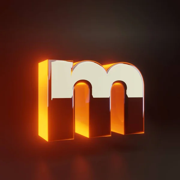 3D letter M kleine letters. Gloeiend glanzend metallic lettertype met oranje lampjes geïsoleerd op zwarte achtergrond. — Stockfoto