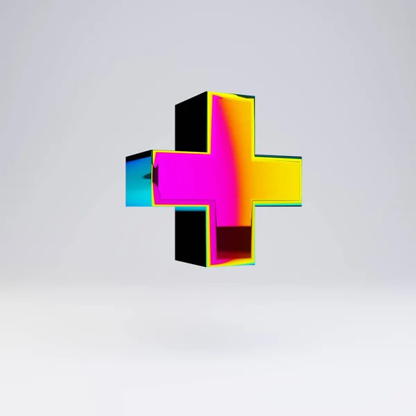 Símbolo 3D mais holográfico. Fonte brilhante com reflexos multicoloridos e sombra isolada no fundo branco . — Fotografia de Stock