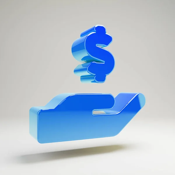 Wolumetryczny błyszczący niebieski ręka Holding Dollar ikona na białym tle. — Zdjęcie stockowe
