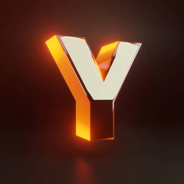 3d letter Y uppercase. Glowing glossy metallic font with orange lights isolated on black background. — Stock Photo, Image