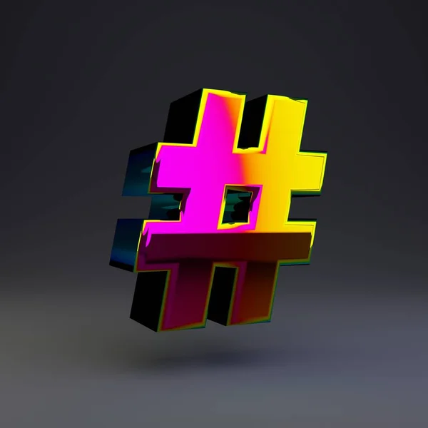 Holografische 3D hashtag symbool. Glanzend lettertype met multicolor reflecties en schaduw geïsoleerd op zwarte achtergrond. — Stockfoto