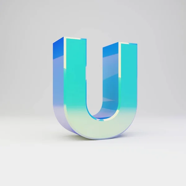 Himmelsblå 3D-bokstaven U versaler. Metall typsnitt med glansiga reflektioner och skugga isolerade på vit bakgrund. — Stockfoto