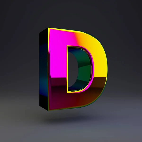 Holografische 3D letter D hoofdletters. Glanzend lettertype met multicolor reflecties en schaduw geïsoleerd op zwarte achtergrond. — Stockfoto
