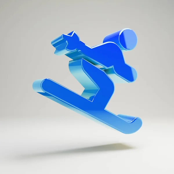 Объемный глянцевый синий значок катания на лыжах на белом фоне . — стоковое фото