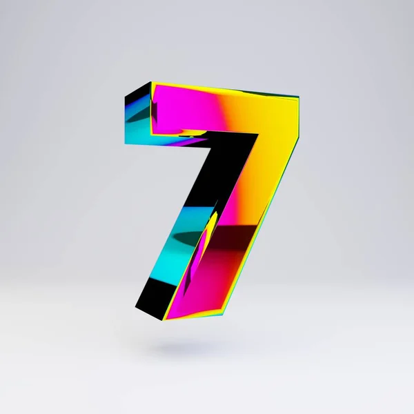 Holographic 3d number 7. Glossy font with multicolor reflections and shadow isolated on white background. — Stock Photo, Image