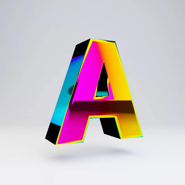 Holographic 3d letter A uppercase. Glossy font with multicolor reflections and shadow isolated on white background. — Stock Photo, Image