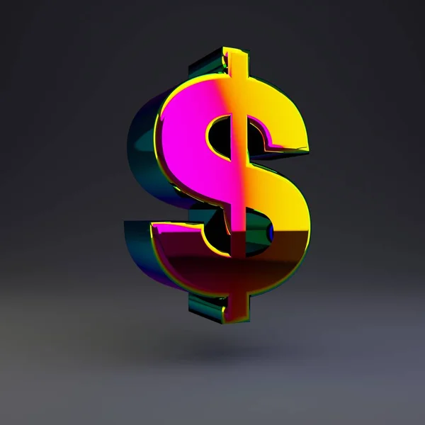 Ολογραφικό σύμβολο 3D δολάριο. Γυαλιστερή γραμματοσειρά με πολύχρωμες αντανακλάσεις και σκιά απομονωμένη σε μαύρο φόντο. — Φωτογραφία Αρχείου
