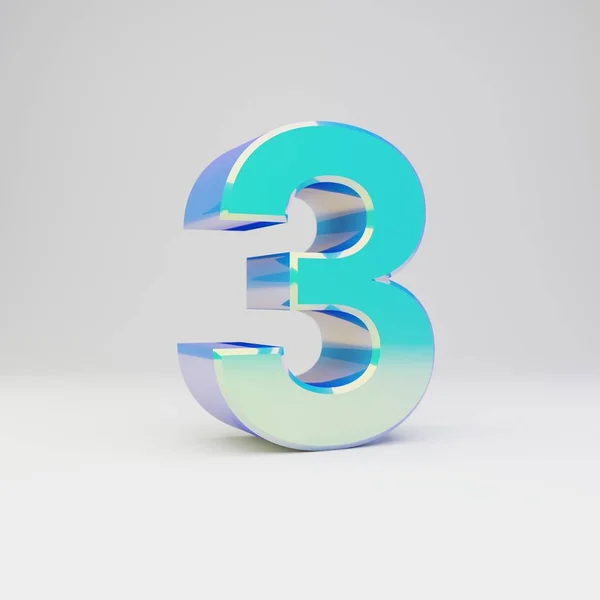 Hemelsblauw 3D-nummer 3. Metalen lettertype met glanzende reflecties en schaduw geïsoleerd op witte achtergrond. — Stockfoto