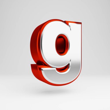 Metal 3d harfi G küçük harf. Metalik kırmızı ve beyaz yazı tipi beyaz arka plan üzerinde izole.