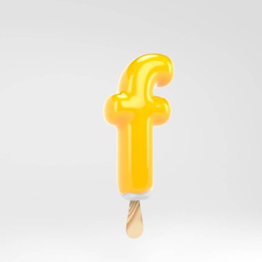 Dondurma harfi F küçük. Sarı buzlu alfabe. Beyaz arka plan üzerinde izole 3d işlenmiş tatlı yazı.